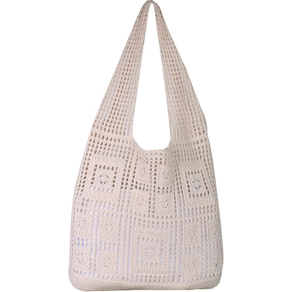 Women's Beige 2 Crochet Bag Cute Mesh Summer Knitted Shoulder Beach Tote Bags